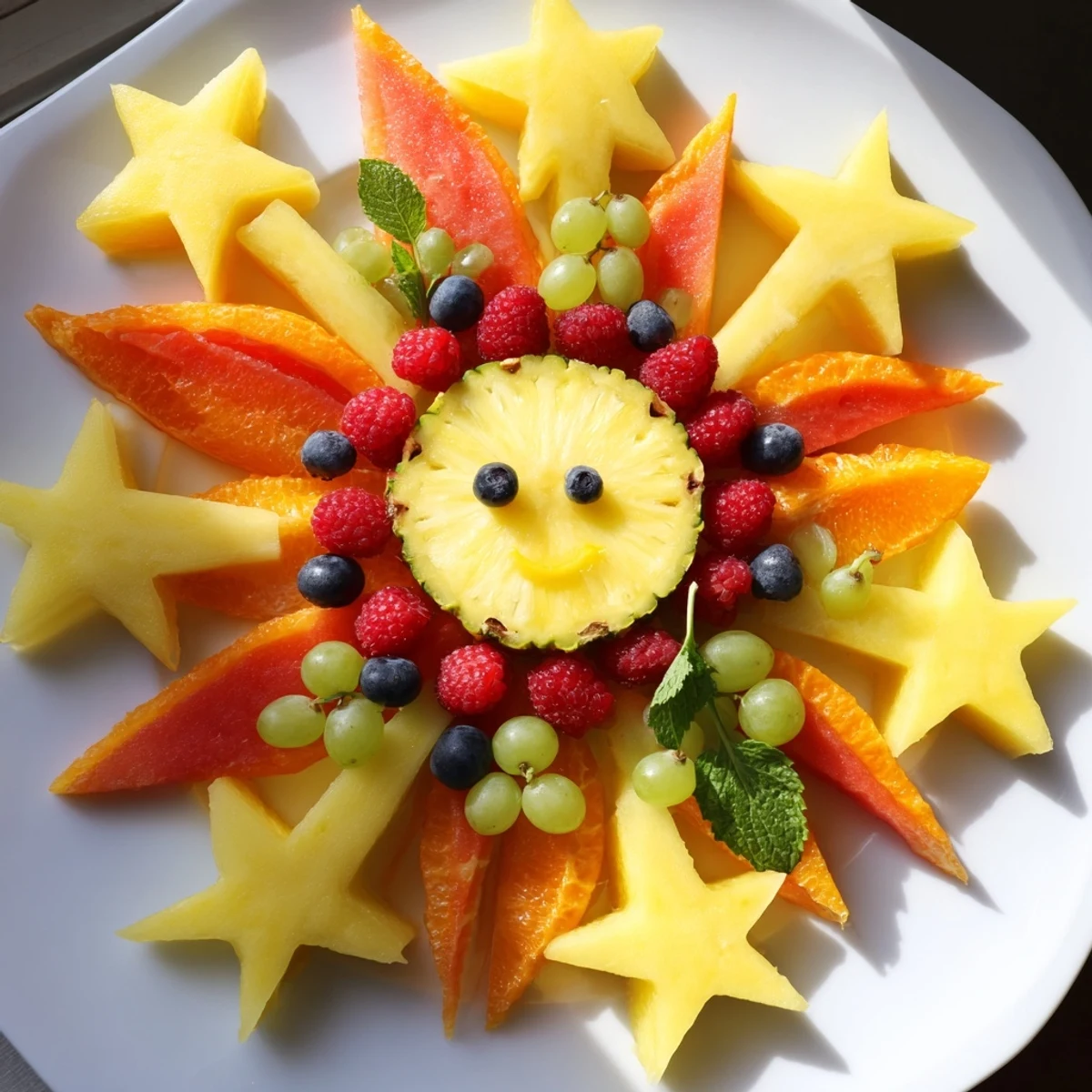 Vibrant Summer Rays Sun-Shaped Fruit Tray, bursting with colorful mango and watermelon slices, ready to enjoy.