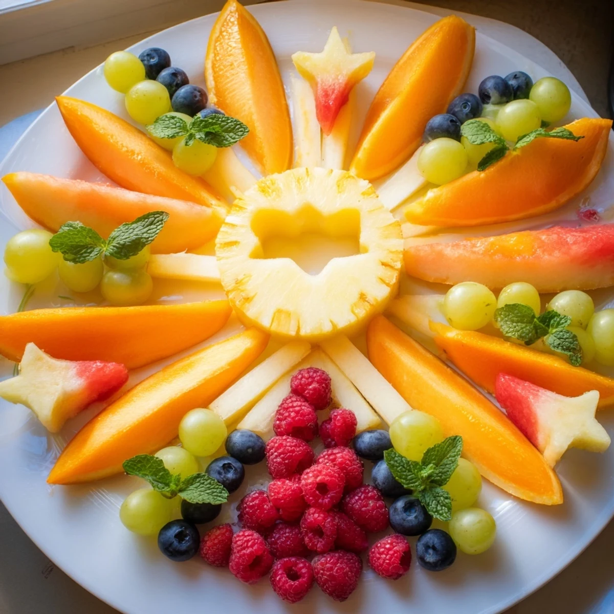 Enjoy a refreshing, healthy Summer Rays Sun-Shaped Fruit Tray, perfect for sharing at a summer gathering.