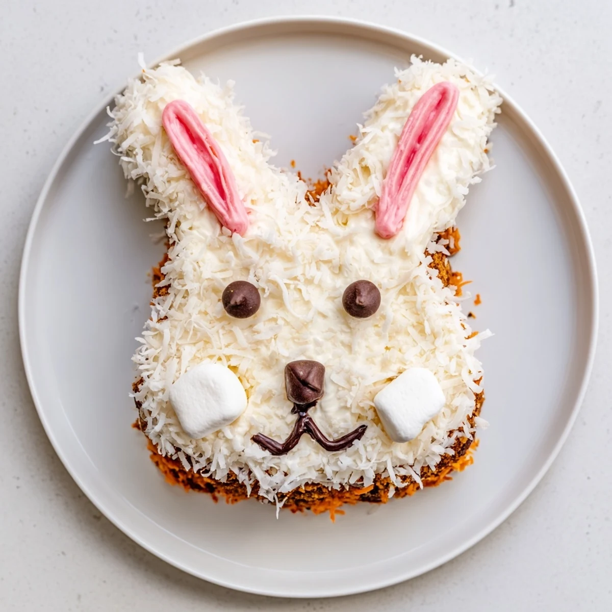 Moist Spring Bunny Carrot Cake, covered in fluffy frosting and coconut "fur", ready to be devoured.