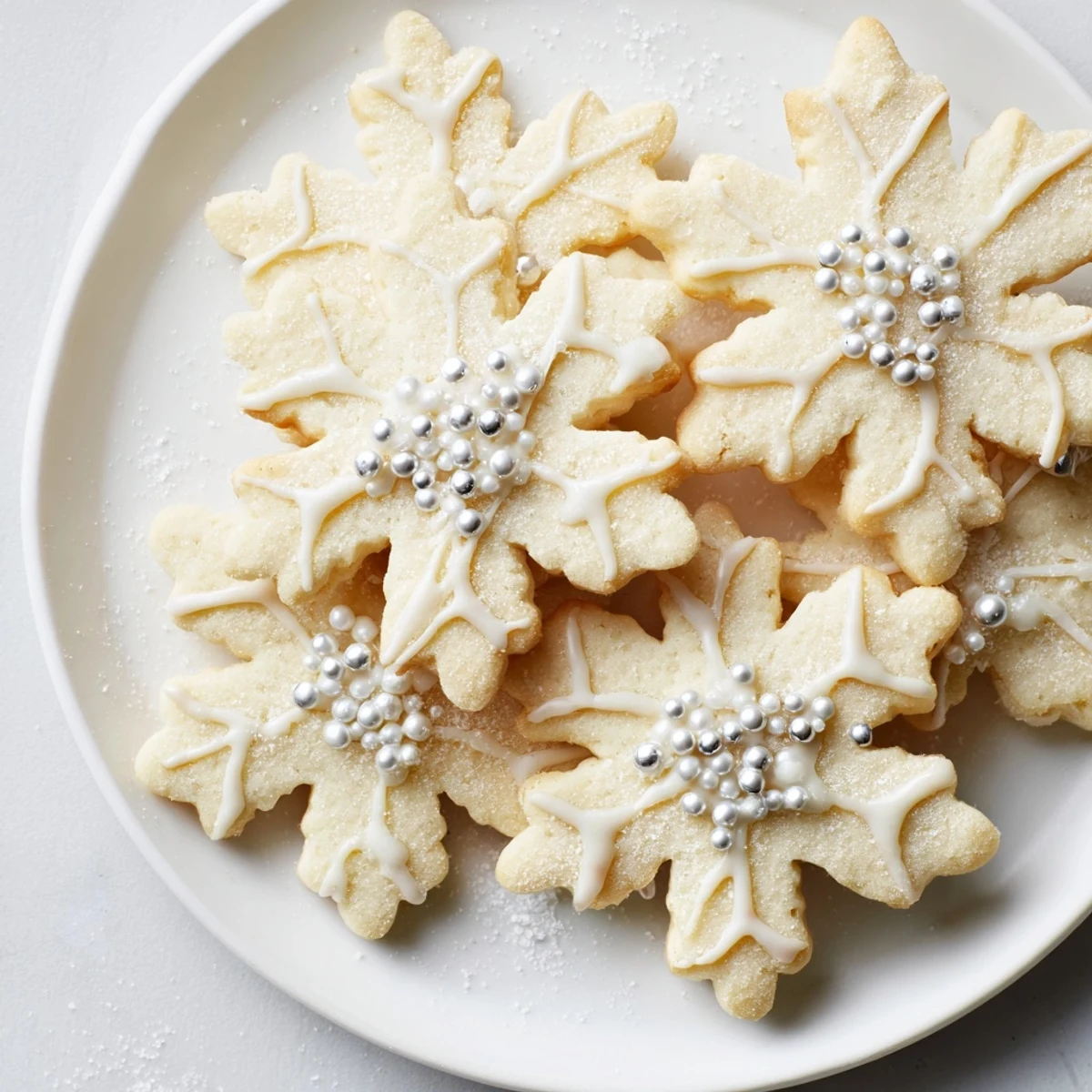 Glistening Winter Snowflake Platter cookies are ready to enjoy, dusted with snowy icing sugar and silver sprinkles.