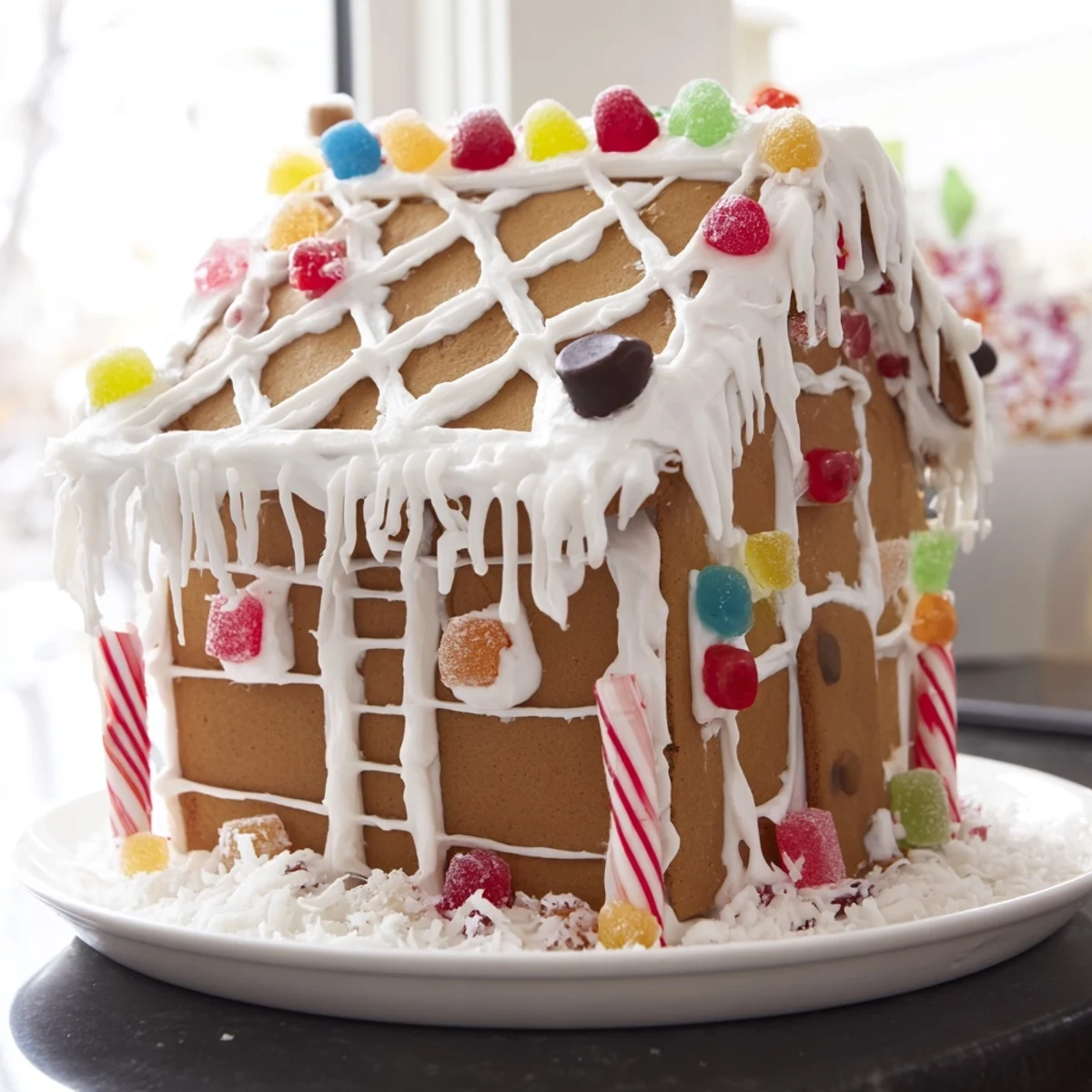 Deliciously decorated gingerbread house with colorful candies, perfect for this holiday season's enjoyment.