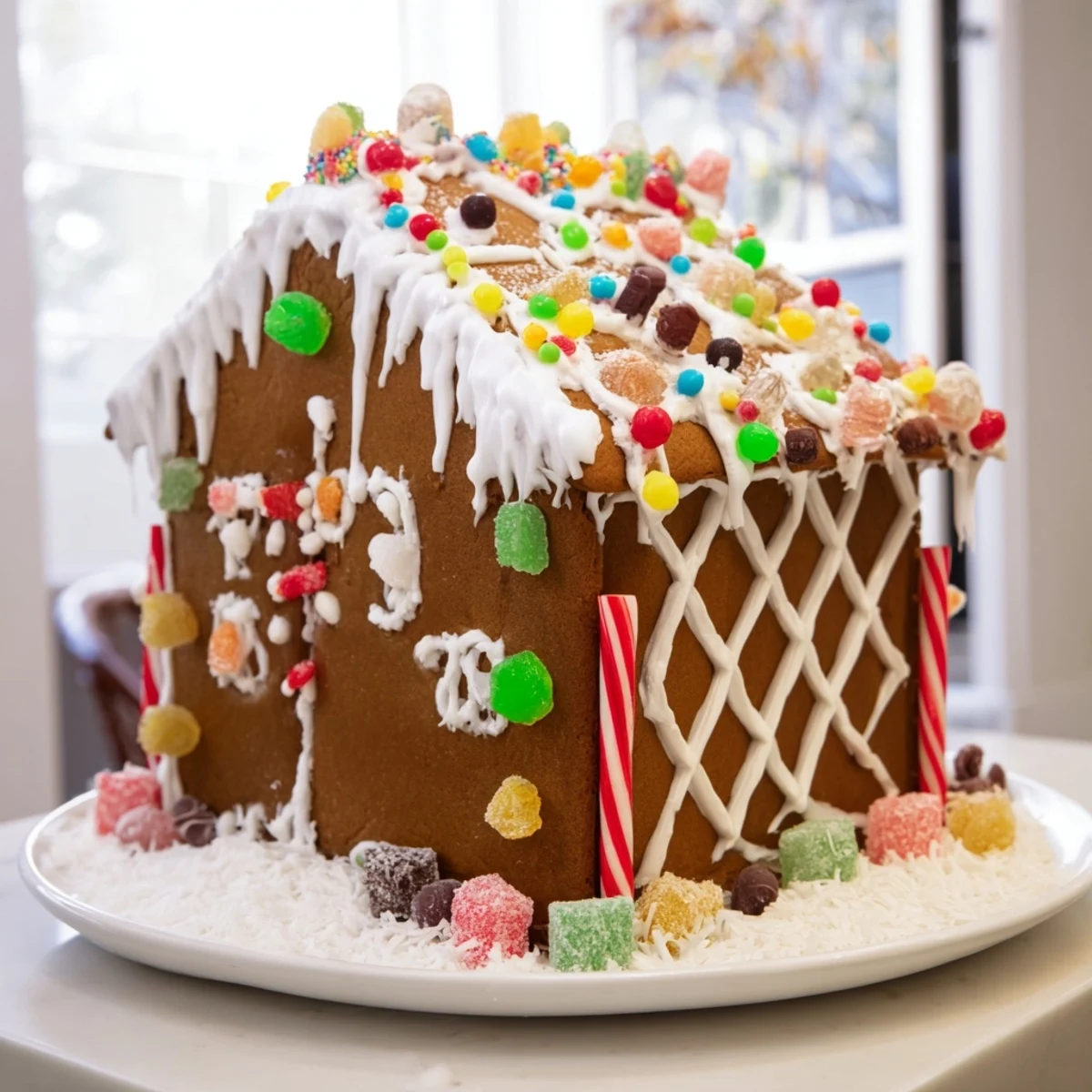Imagine a festive gingerbread house, meticulously decorated with icing and bright candies, ready to eat.