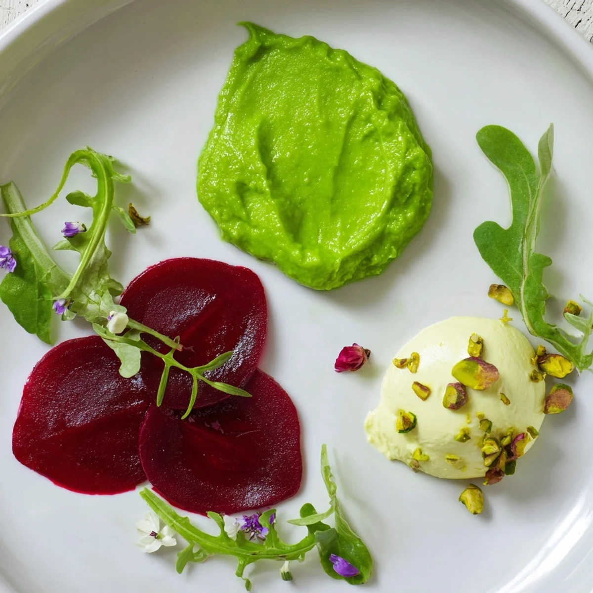 Elegant Lucky Clover Seasonal Starters, with vibrant green pea, beet slices, and goat cheese mousse, ready to serve.