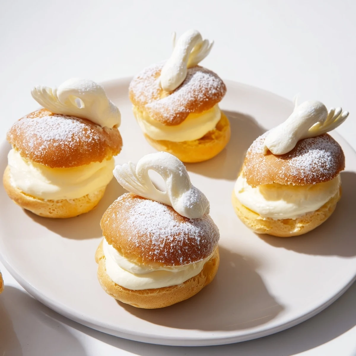 Golden, flaky Elegant Swan Mini Pastries sit elegantly, filled with sweet vanilla cream and ready to enjoy.