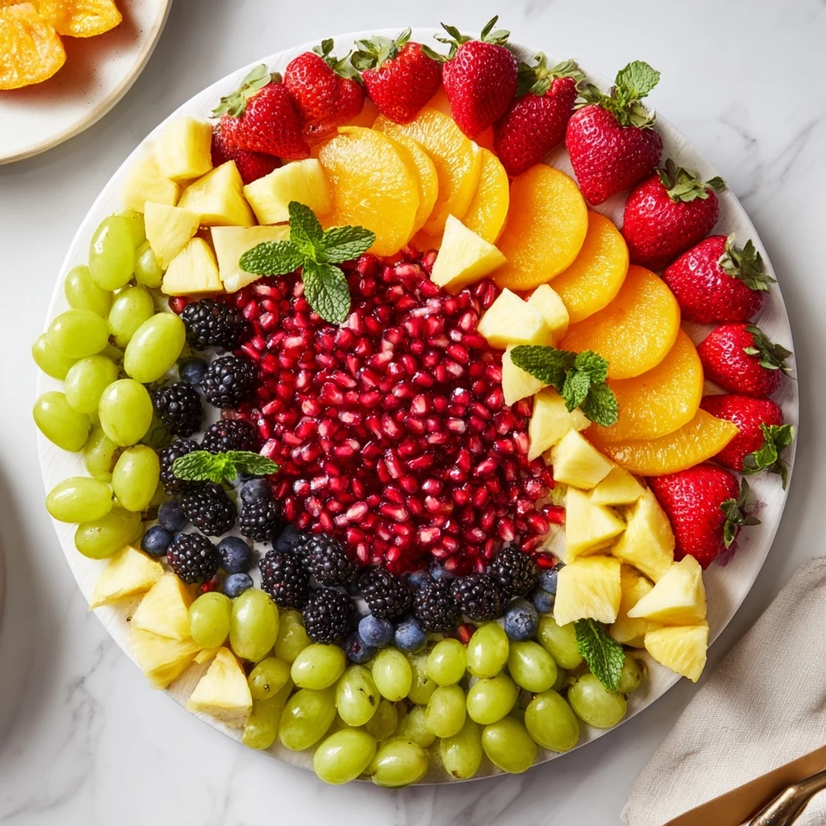 Bright starburst platter featuring juicy pomegranate arils and colorful fruit, ready to enjoy.