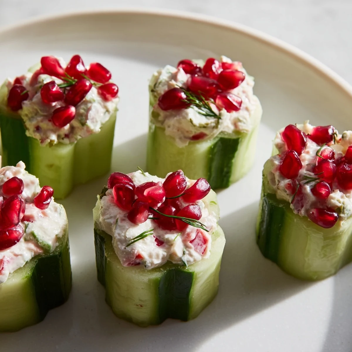 Elegant Snowflake Cucumber Cups appetizer, adorned with pomegranate seeds and chives, perfect for the holidays.