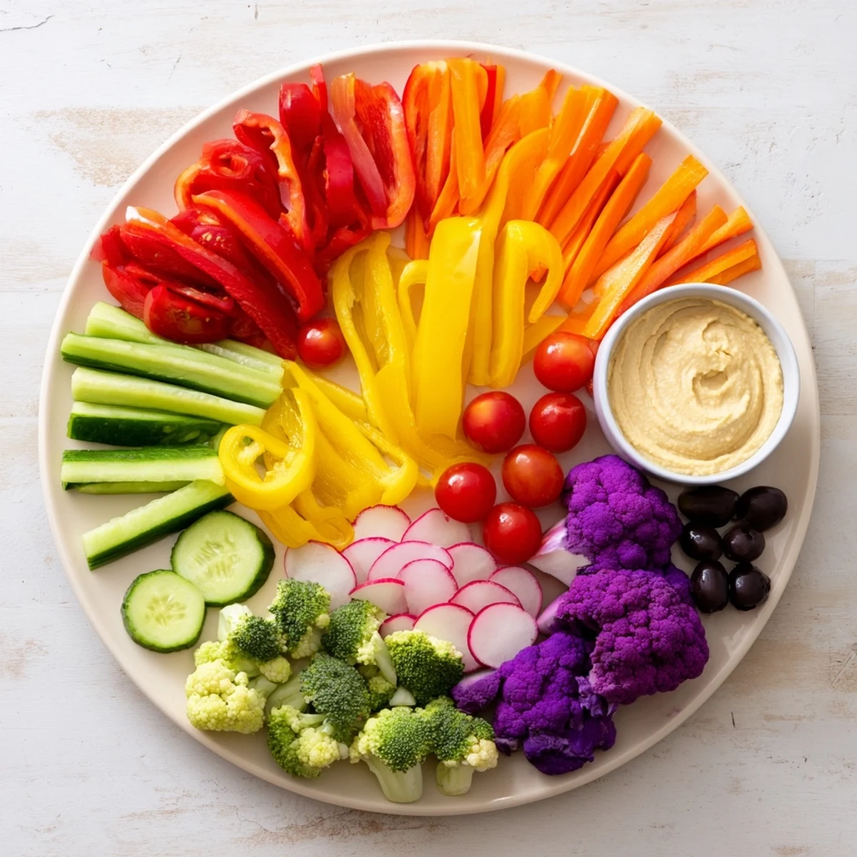 Vibrant Colorful Vegetable Rainbow Board with fresh, colorful vegetables artfully arranged for snacking.