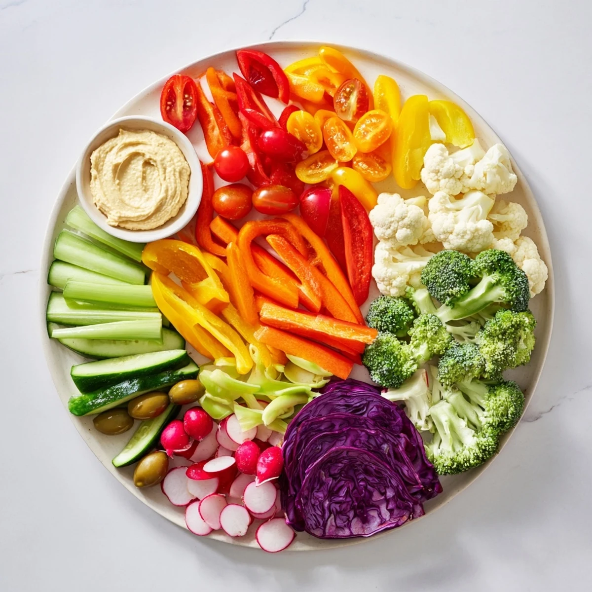 A delicious Colorful Vegetable Rainbow Board displays a spectrum of crisp, healthy raw vegetables.