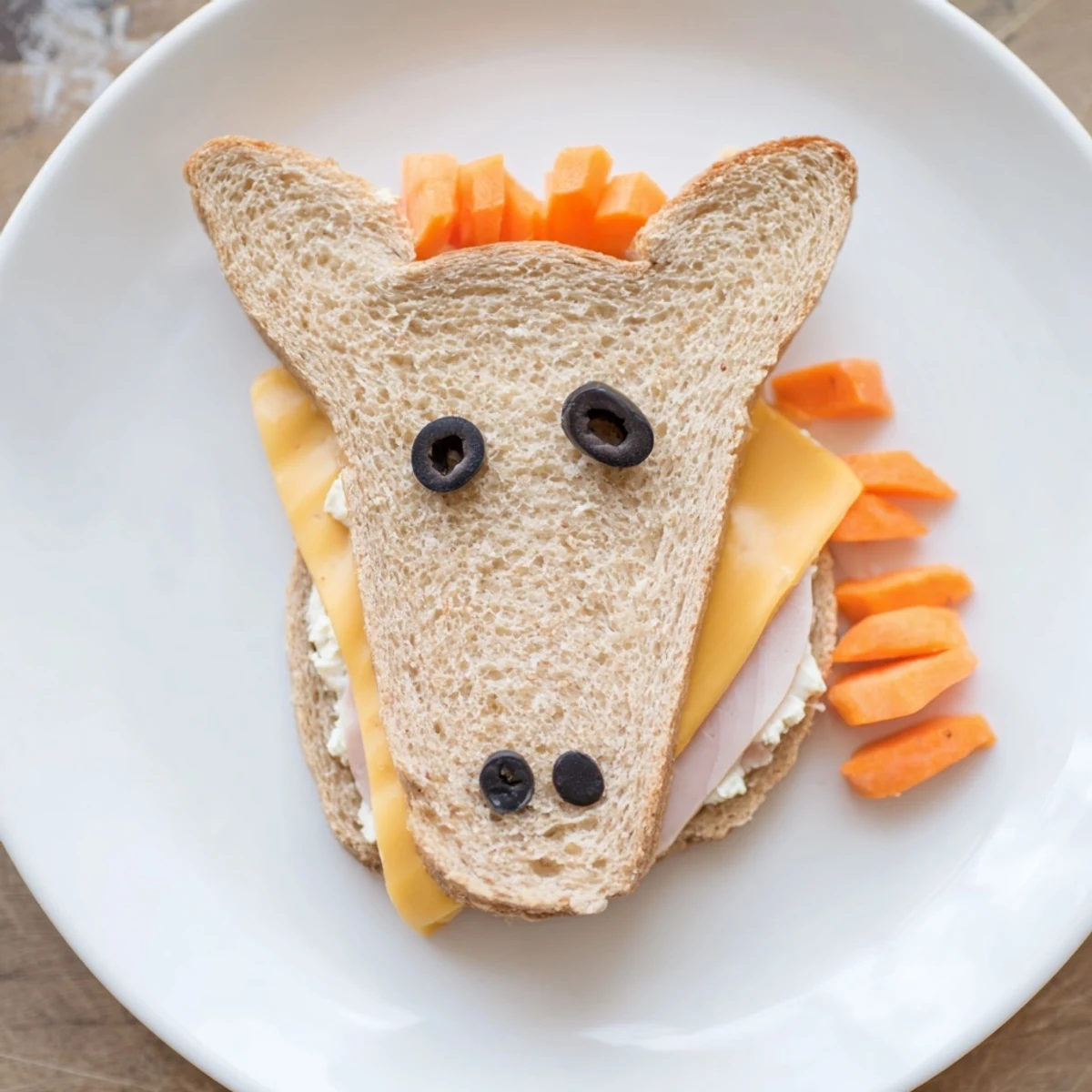 Delicious Horse Head Sandwich cutouts, filled with cheese and turkey, displayed with a carrot mane.