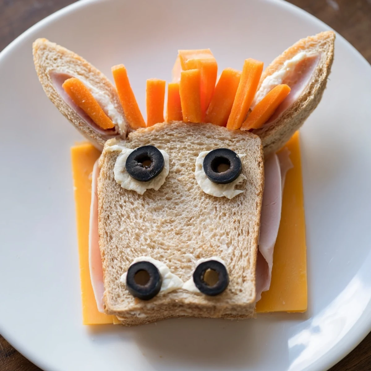 Quick-to-make Horse Head Sandwich cutouts, ready to eat, with colorful toppings for kids to enjoy.