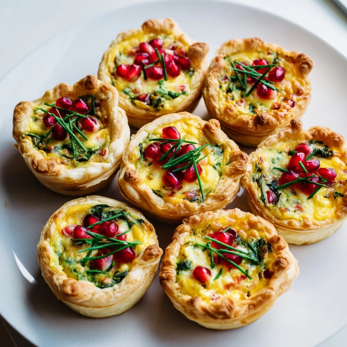Golden-brown Savory Bites: Mini Quiche Christmas Tree, garnished with fresh herbs and colorful "ornaments."