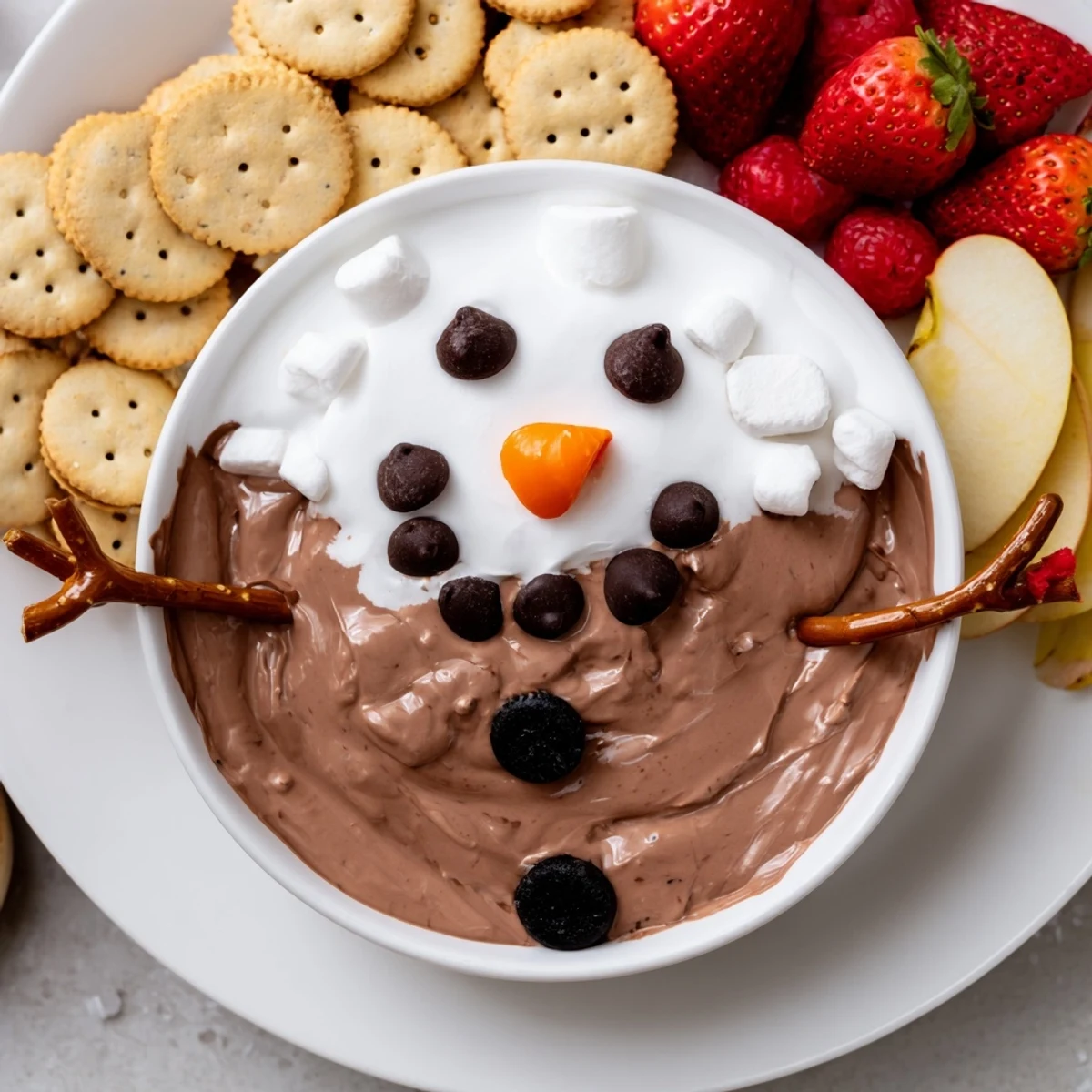 Hot Cocoa Dip snowman decorated with chocolate chips, pretzels, and vibrant orange candy.
