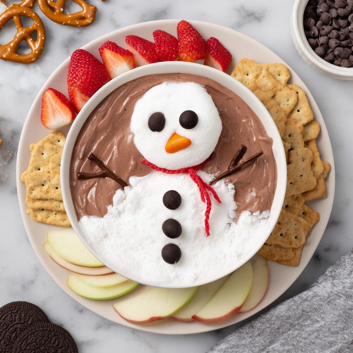 A whimsical Hot Cocoa Dip snowman, a creamy dessert perfect for holiday dipping with friends.