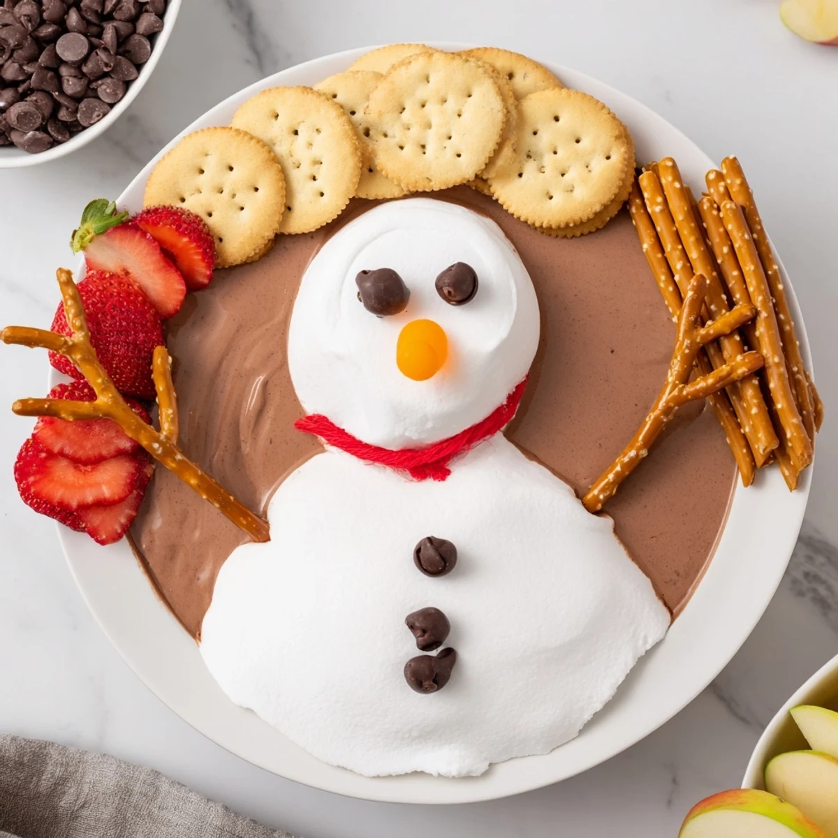 Easy to make! The appealing Hot Cocoa Dip snowman is ready with pretzel arms, for a delicious dessert.