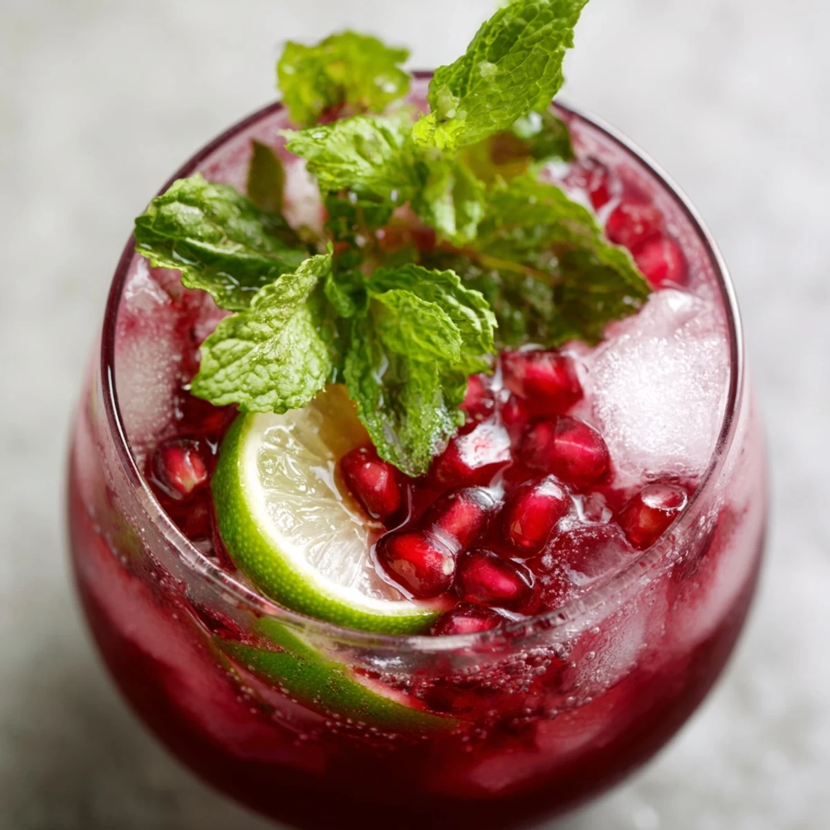 Festive pomegranate and mint wreath drink, sparkling and garnished with fresh lime slices, ready to sip.