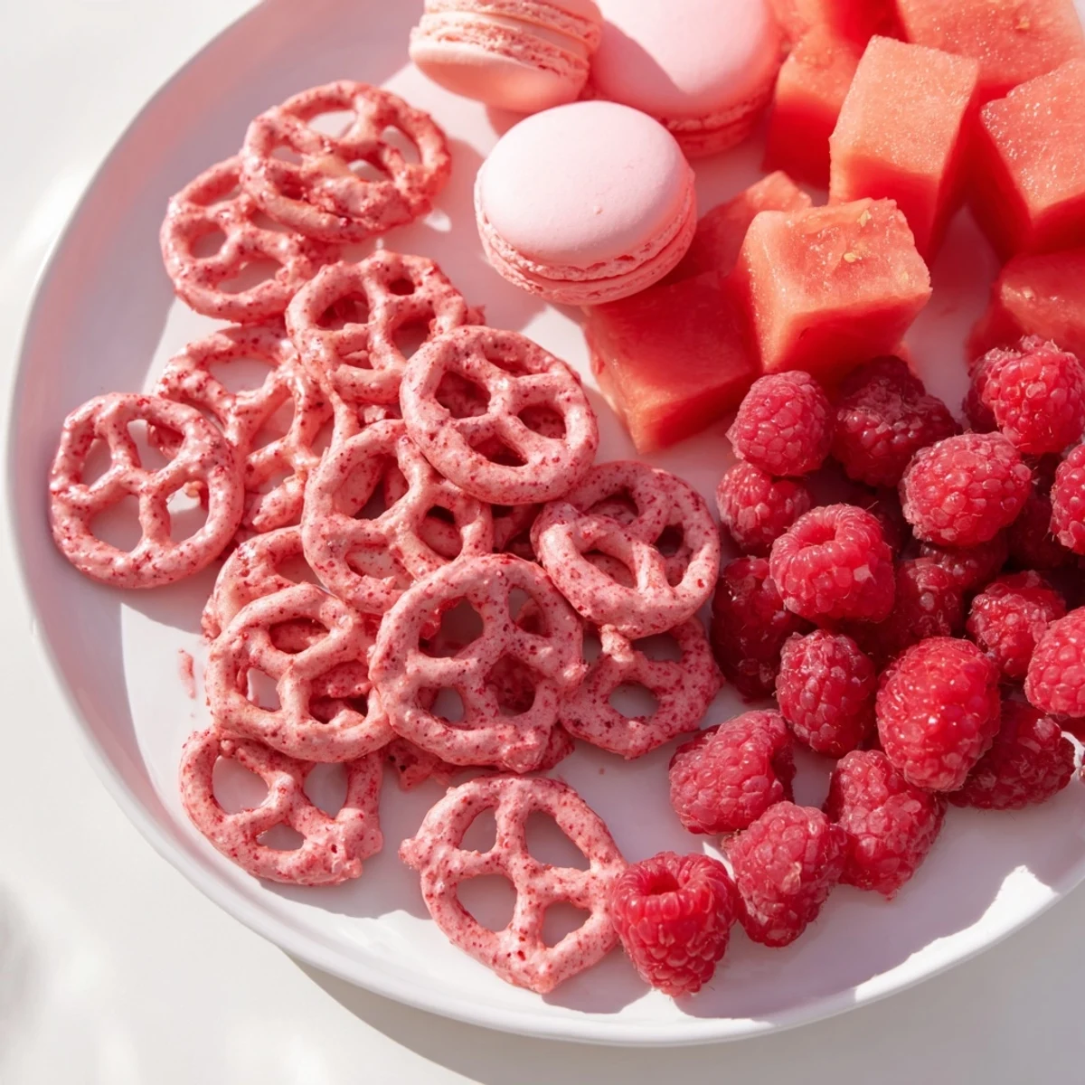 Vibrant assortment on a Baby Reveal snack board: pink and blue sweets and savory bites.