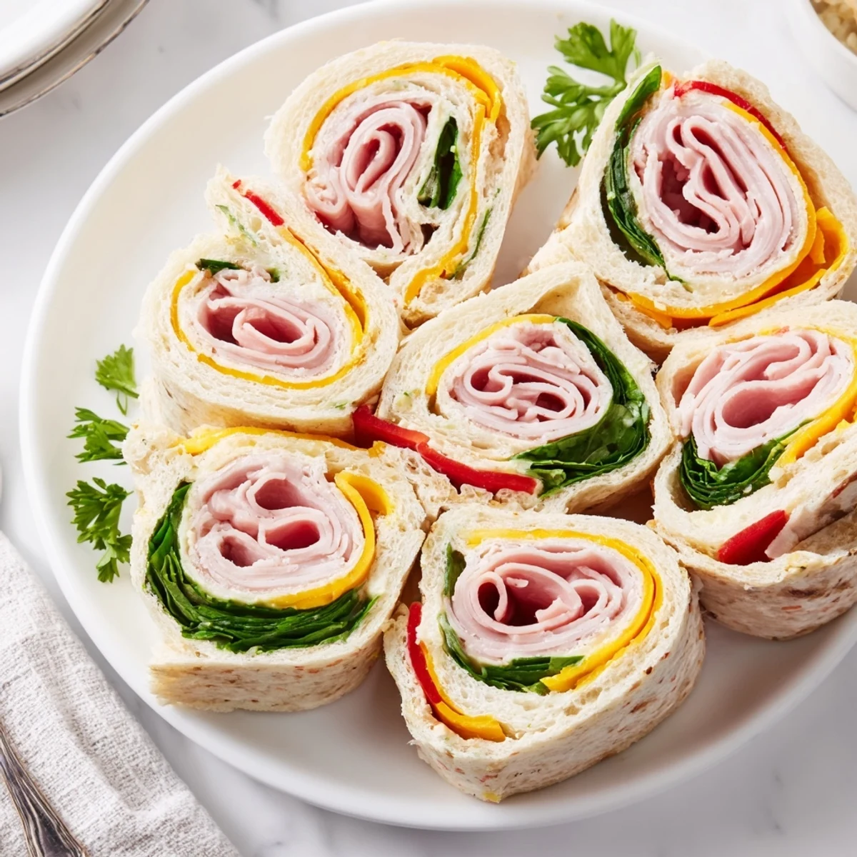 Star-shaped party sandwiches, layered with deli meats and cheeses, ready for a fun snack.