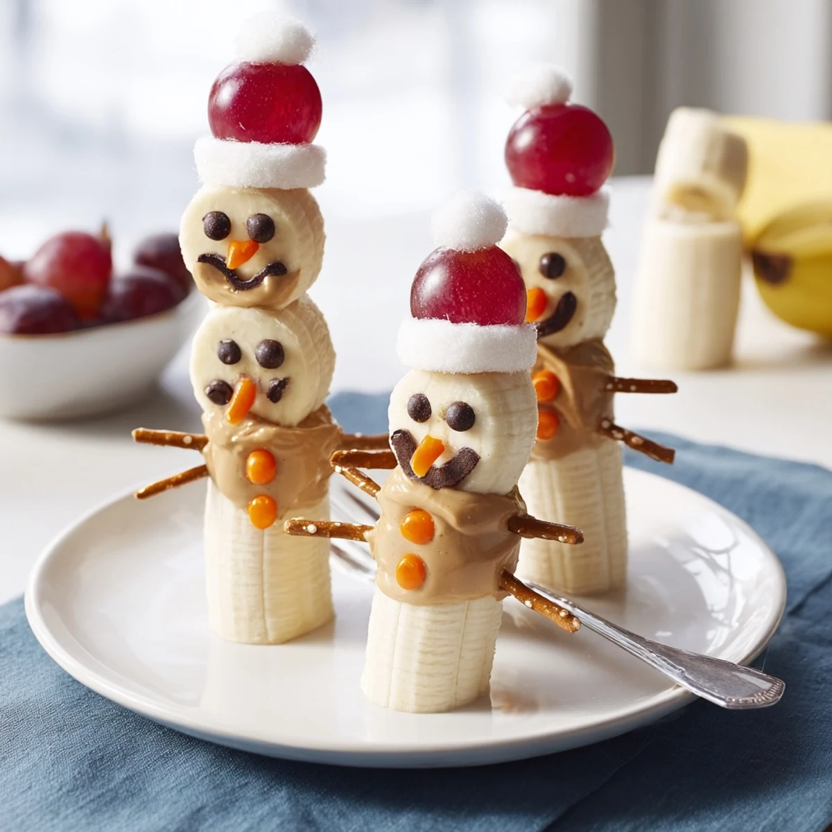 Homemade Banana Peanut Butter Snowmen are a healthy, delicious treat for kids and families.