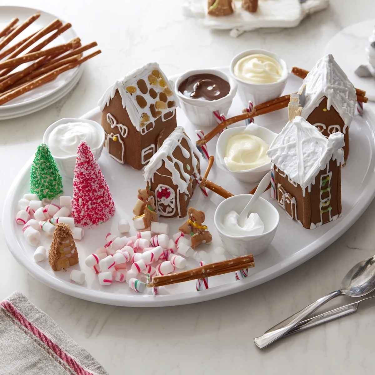 Festive Sweet Board: Gingerbread Village dessert with glazed cookies and colorful candies displayed playfully.