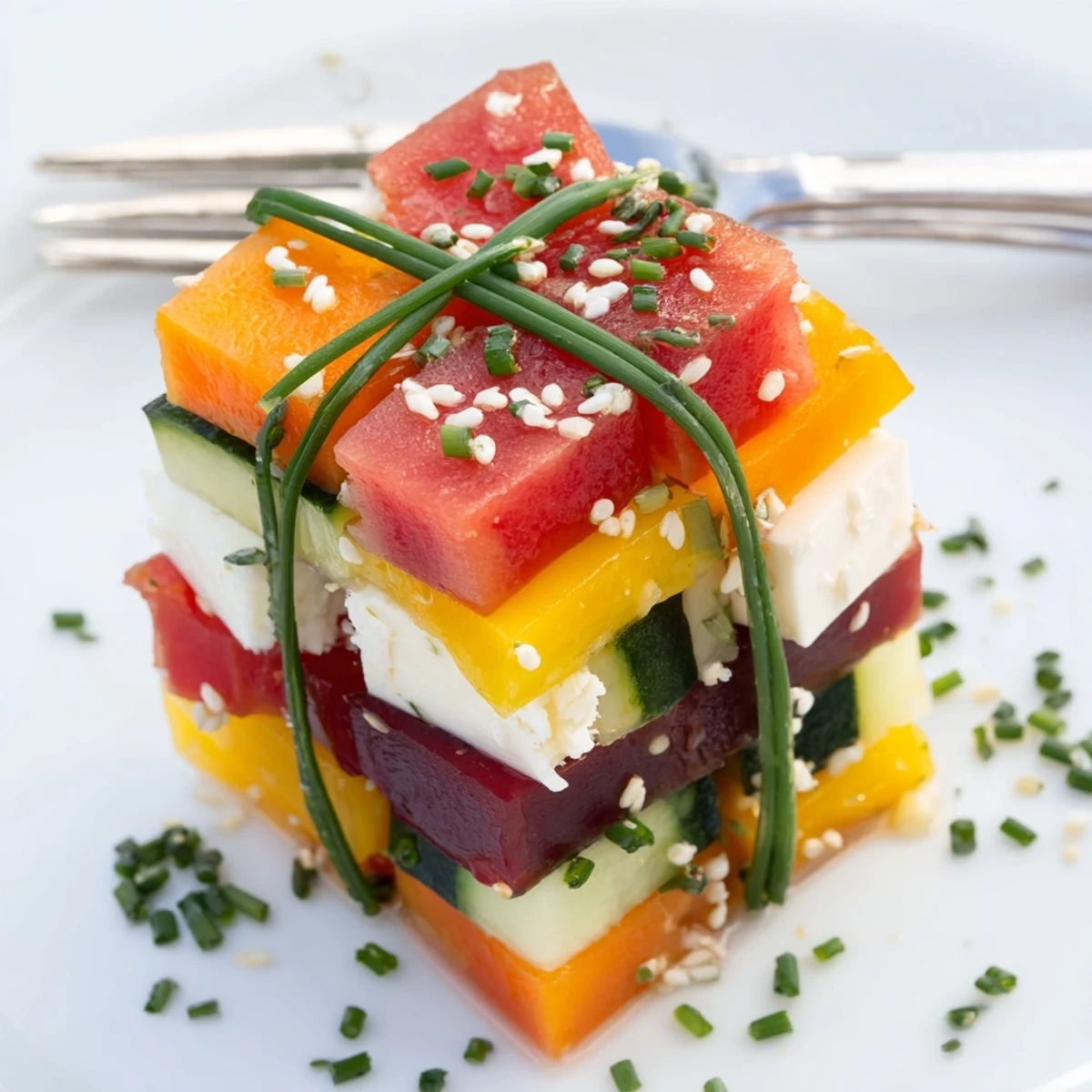 Vibrant stacked gift box veggie cubes showcasing fresh carrots, peppers, and cheese—a perfect holiday snack.