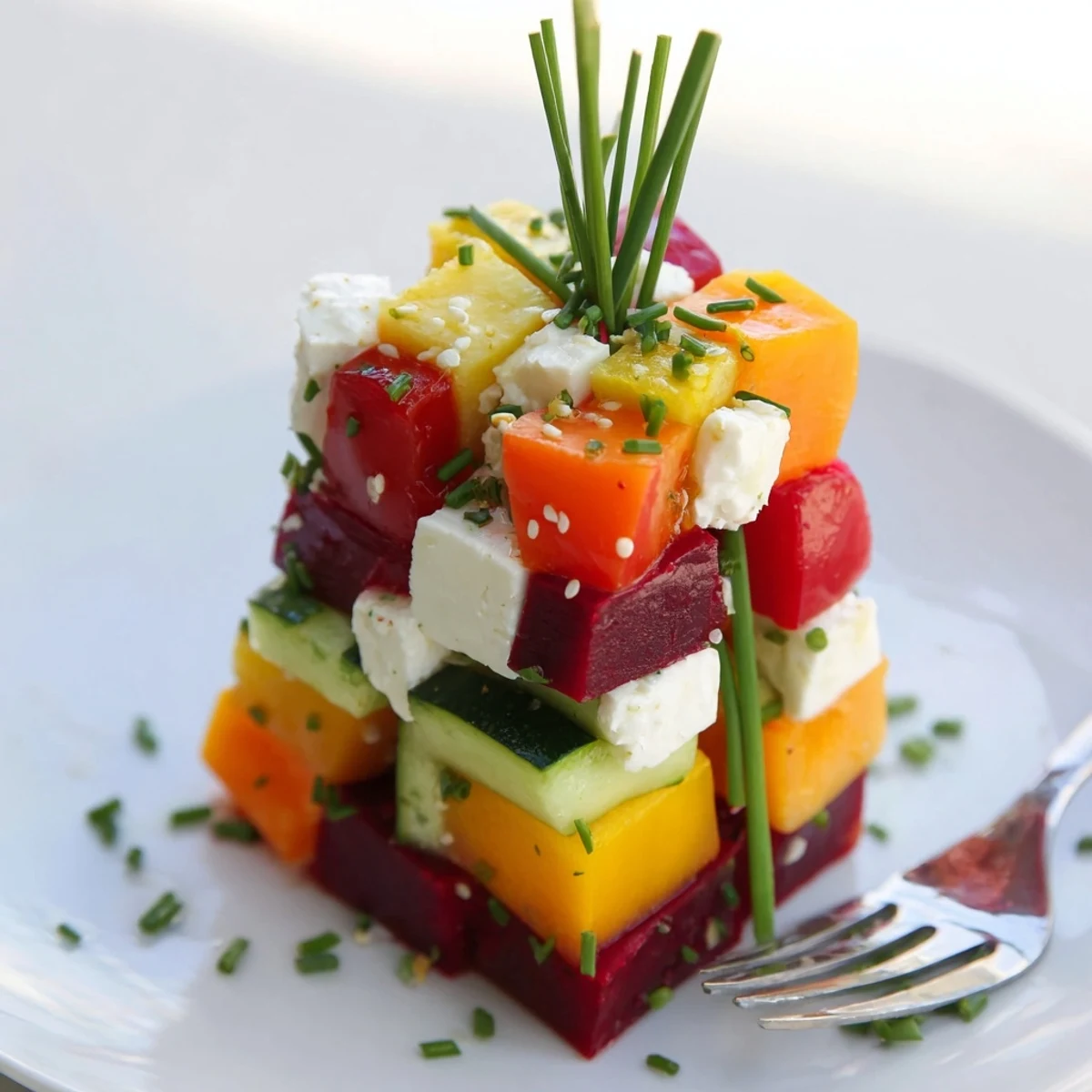 A close-up of delicious stacked gift box veggie cubes, an easy, colorful appetizer for any party.