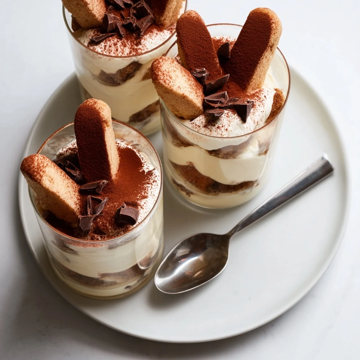 A close-up of delicious Countdown Tiramisu Shots, layered with creamy mascarpone and cocoa dusting.