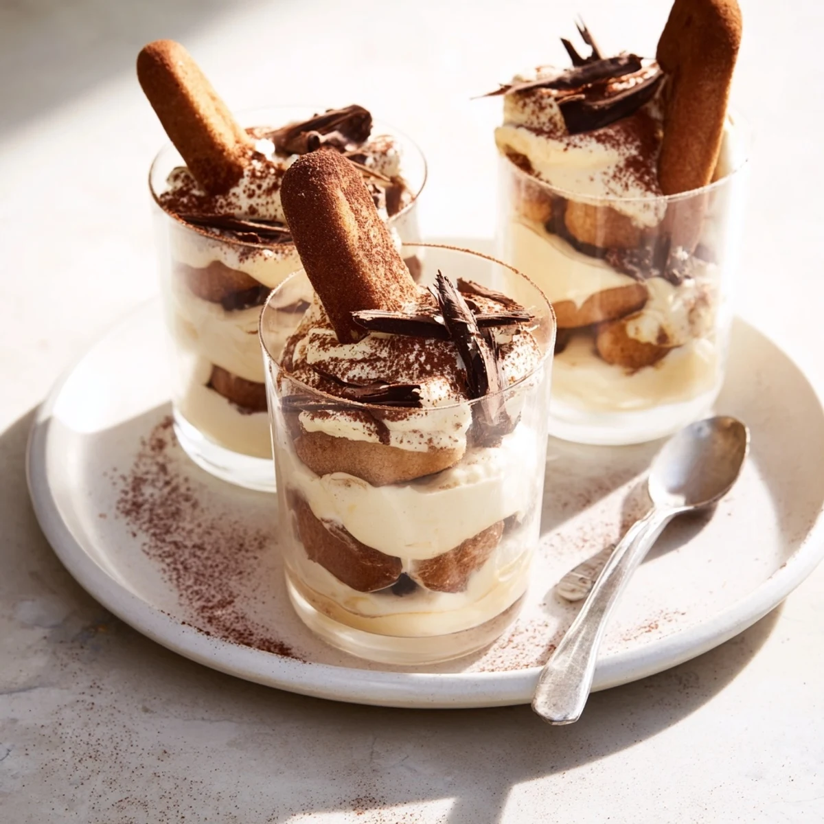 Tiny shot glasses overflowing with creamy Countdown Tiramisu Shots, an elegant bite-sized Italian dessert.