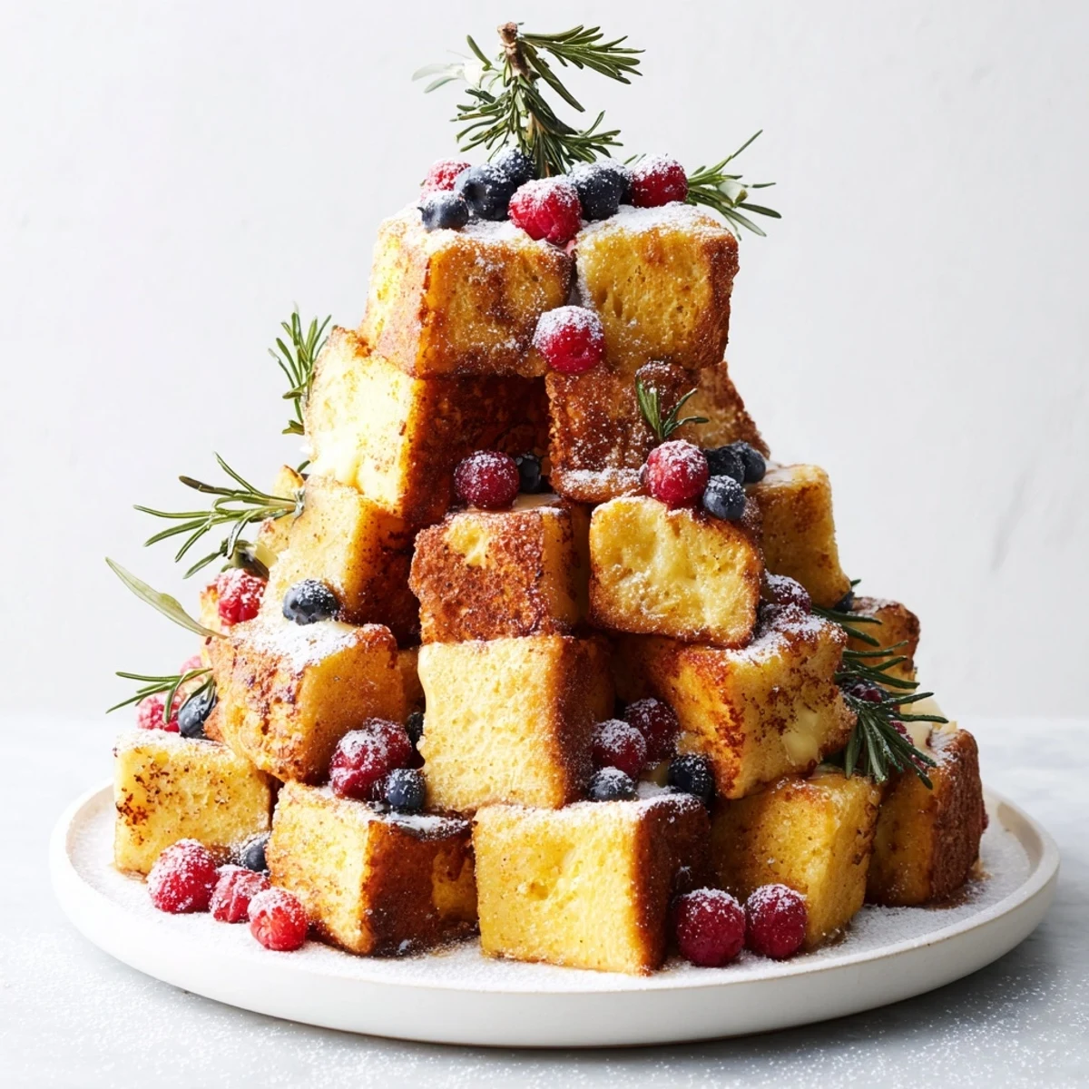 Golden-brown Eggnog French Toast Bites beautifully arranged in a festive tree, ready to be enjoyed.