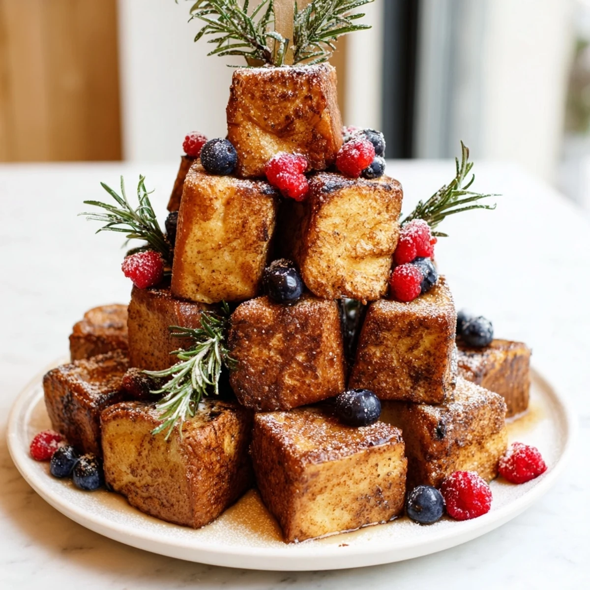 Close-up of fluffy Eggnog French Toast Bites, dusted with powdered sugar and decorated for a holiday brunch.