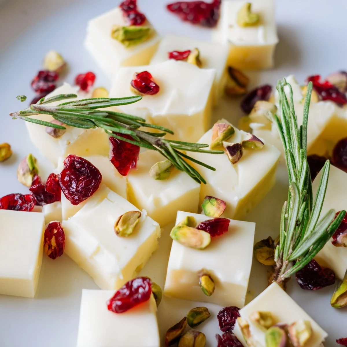 Festive closeup of the Cranberry White Cheddar Tree, a flavorful holiday appetizer with fresh rosemary.