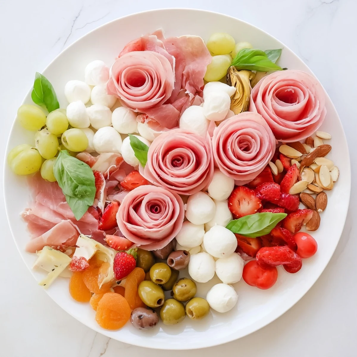 Prosciutto Rose Bouquet Board with vibrant fruits and creamy cheeses, an elegant appetizer ready to enjoy.