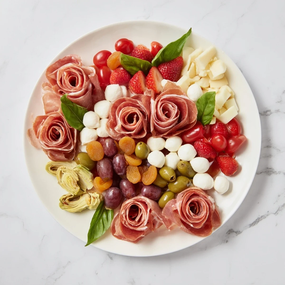 Beautifully arranged Prosciutto Rose Bouquet Board with a visual feast of salty prosciutto and sweet, ripe fruit.