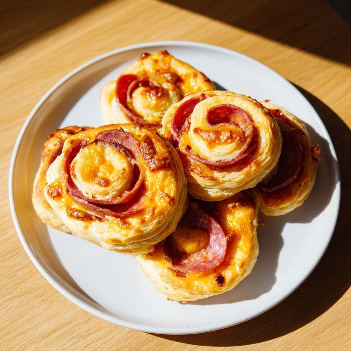 A close-up view of warm, flaky Sliced Cheddar and Salami Scrolls, perfect for a savory appetizer.