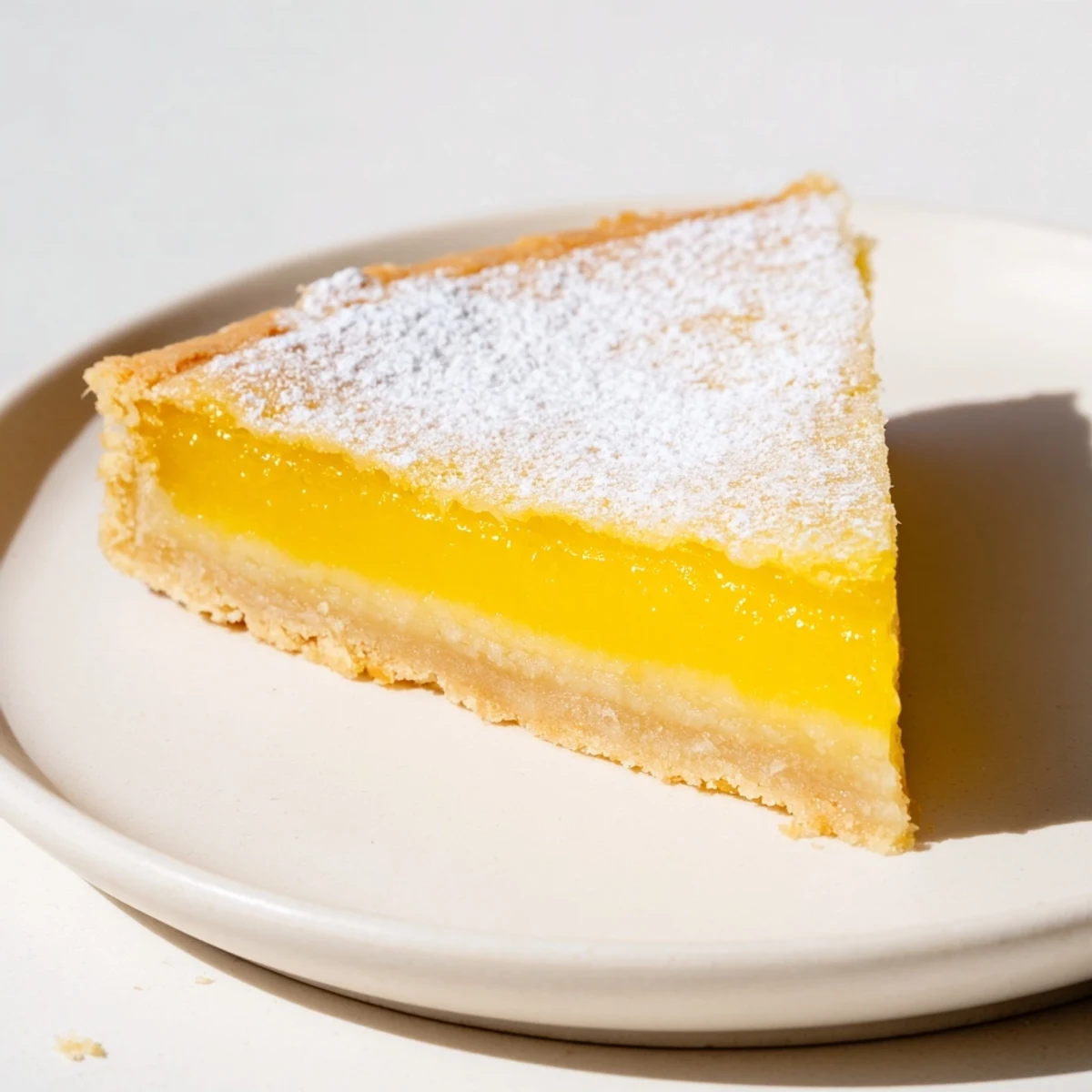 Elegant arrangement of lemon bar triangles ready to eat, served on a white plate; a classic dessert.