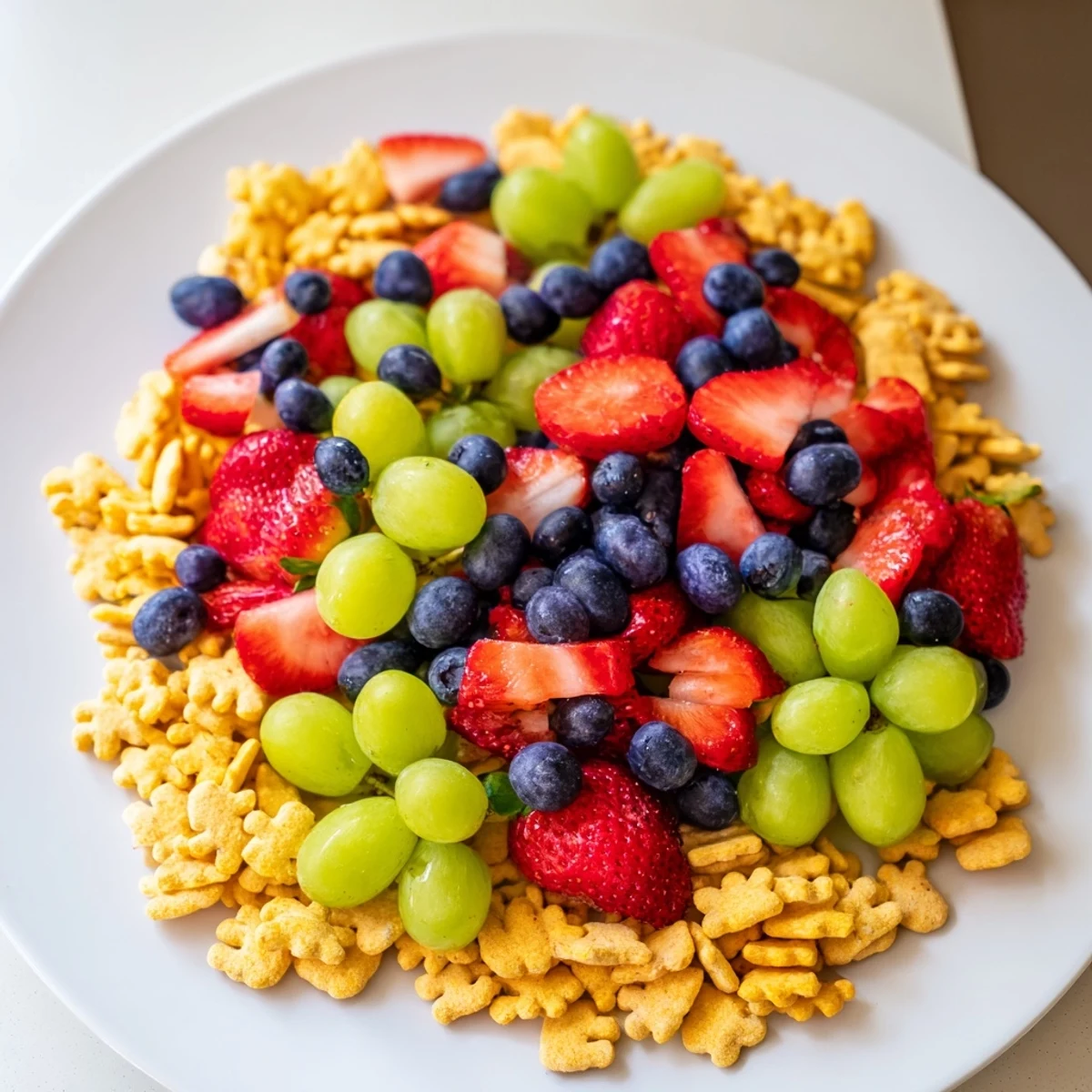 Pile of bright rainbow Goldfish crackers with fresh fruit and creamy yogurt, a colorful snack.