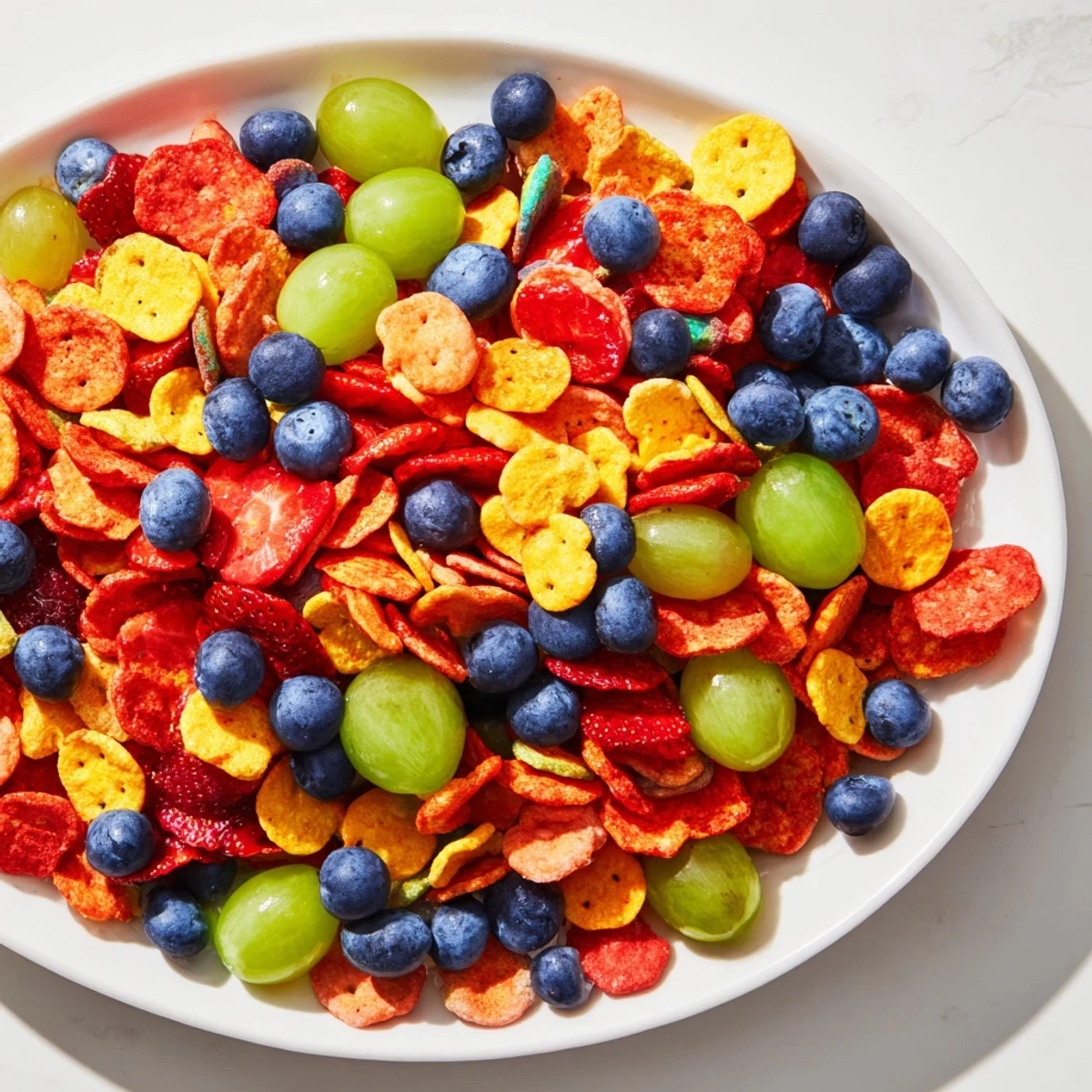 Vibrant rainbow Goldfish crackers, a fun snack, surrounded by colorful fruit and a sweet yogurt dip.