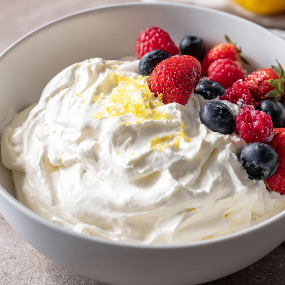 Fresh, vibrant berries surrounding a bowl of fluffy cream cheese fruit dip, ready to eat.