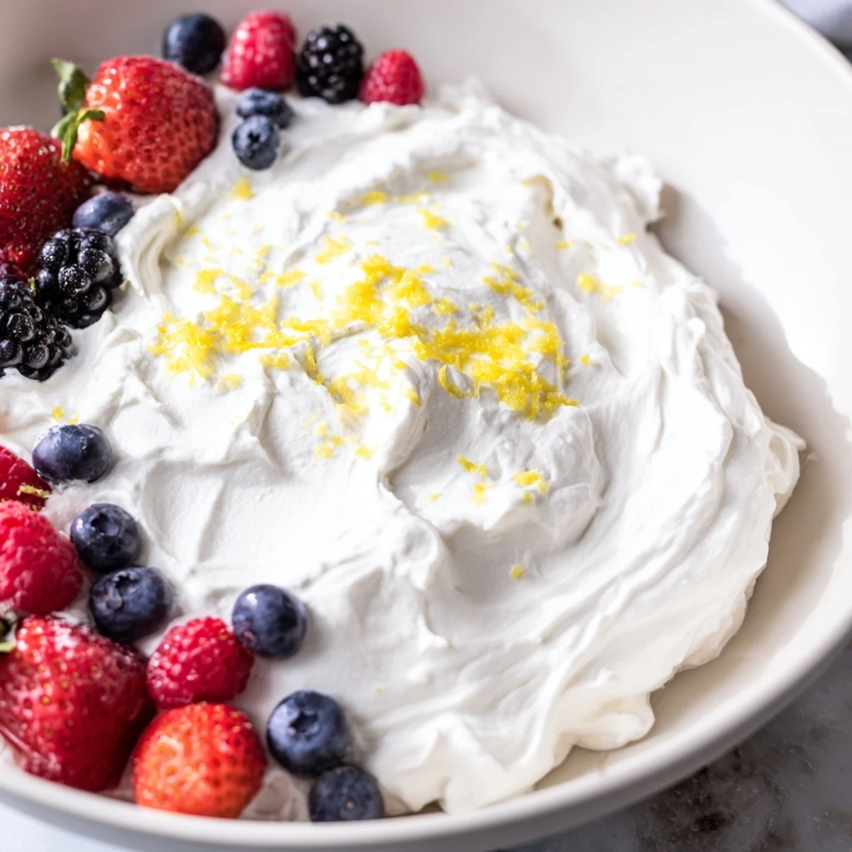 A close-up of sweet and tangy fluffy cream cheese fruit dip with bright red strawberries.