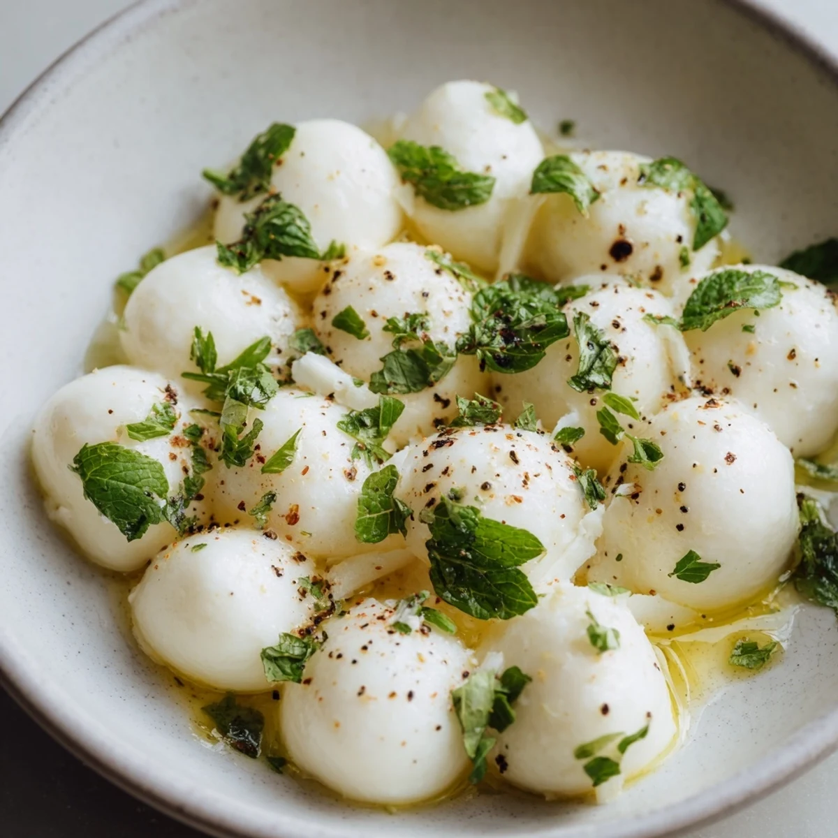 Creamy mozzarella pearls in a bowl, a simple Italian appetizer, ready to serve and enjoy.