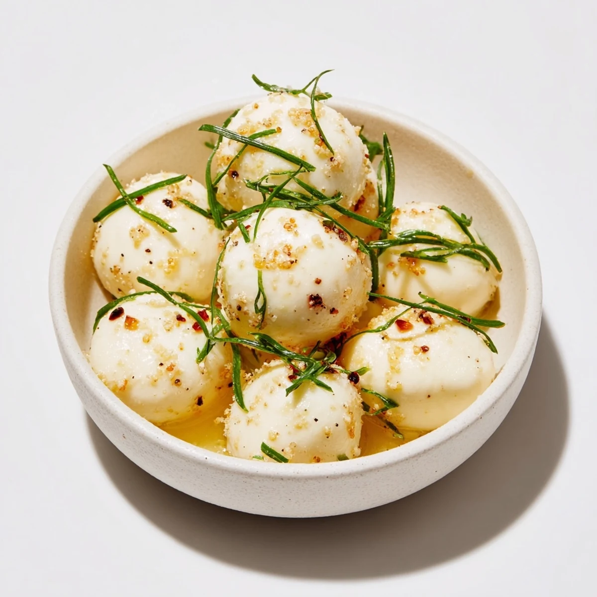 Fresh, seasoned mozzarella pearls, an easy appetizer, chilled and drizzled with olive oil.