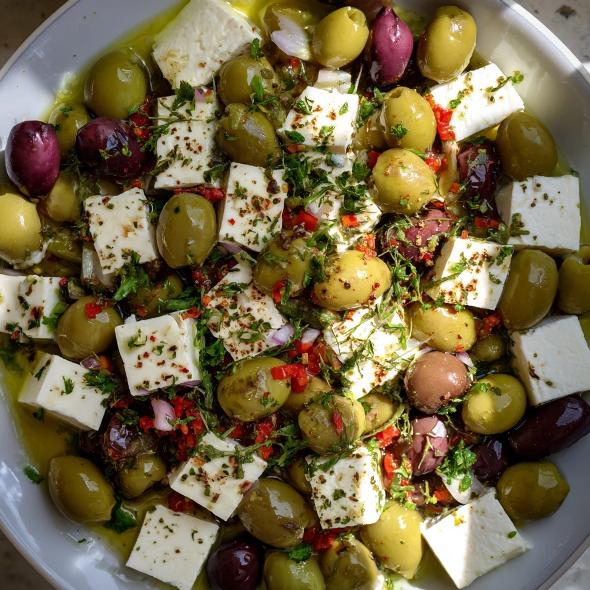 Bright holiday mix: Juicy olives and creamy feta marinated, a flavorful appetizer ready to serve.