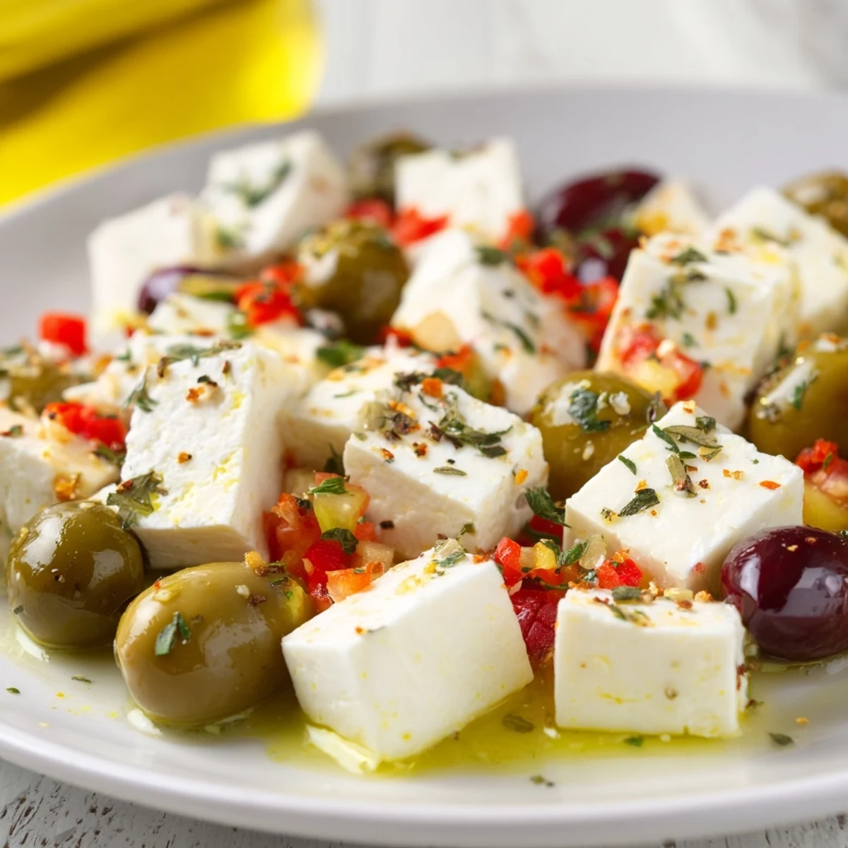 Marinated Holiday Mix with olives and feta, glistening in olive oil, ready for a festive gathering.