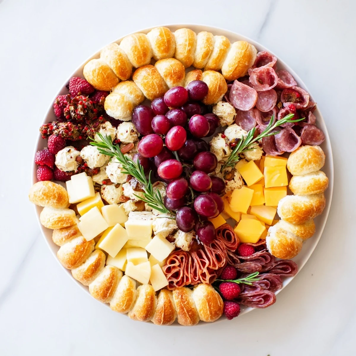 The Ouroboros Circle: a festive, circular appetizer platter, showcasing brie, cheddar, grapes, and crackers for everyone.