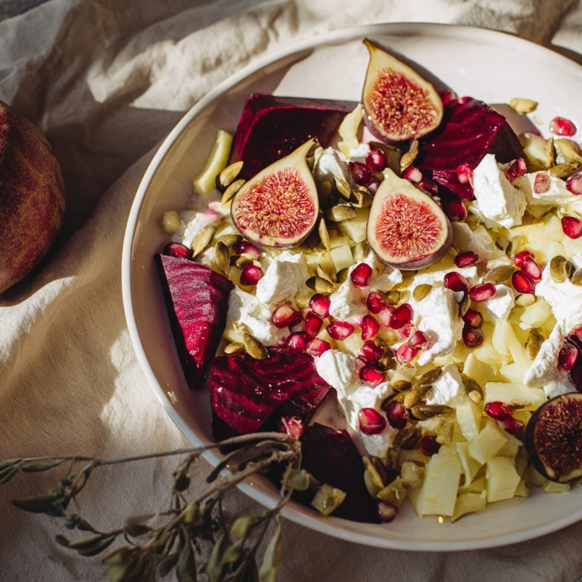 Artful presentation of the Kinetic Motion Blur: colorful vegetables and creamy goat cheese.