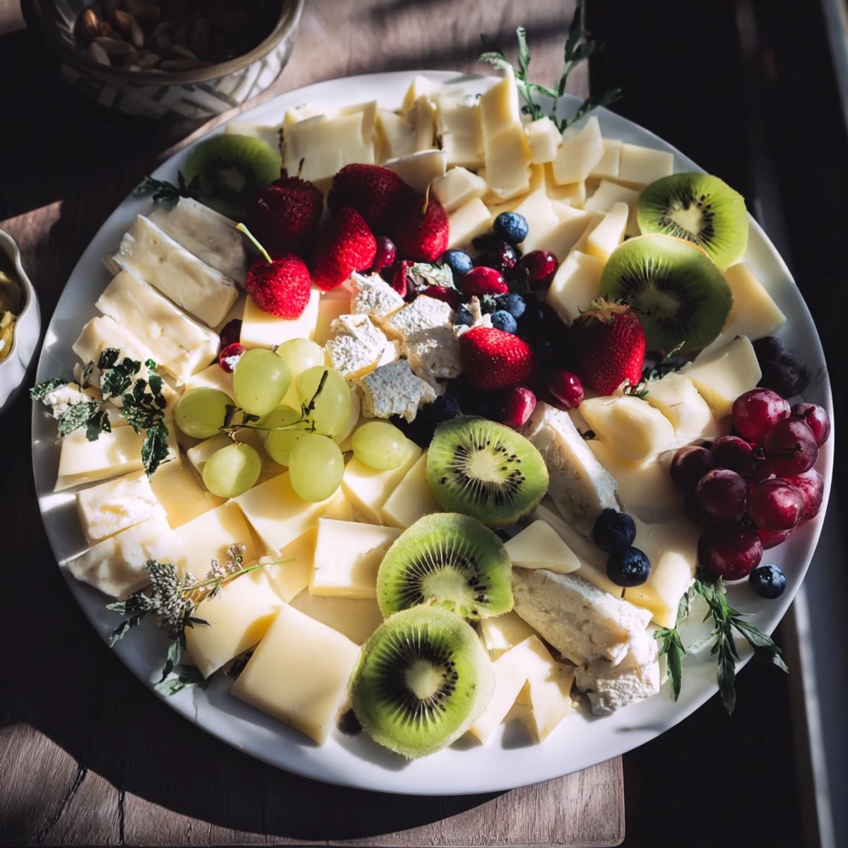 Appetizer: The Negative Space Puzzle beautifully showcases a star shape created by contrasting cheese, fruits, and olives.