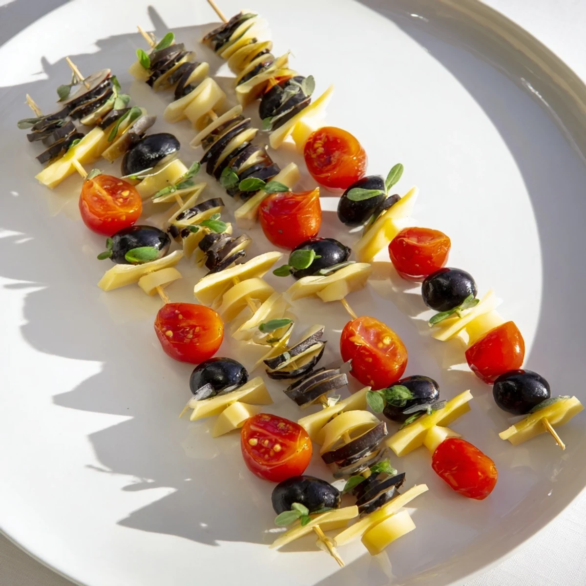 Double Helix Genetic Code appetizer: Bright red cherry tomatoes and olives create a visually stunning DNA-shaped dish.
