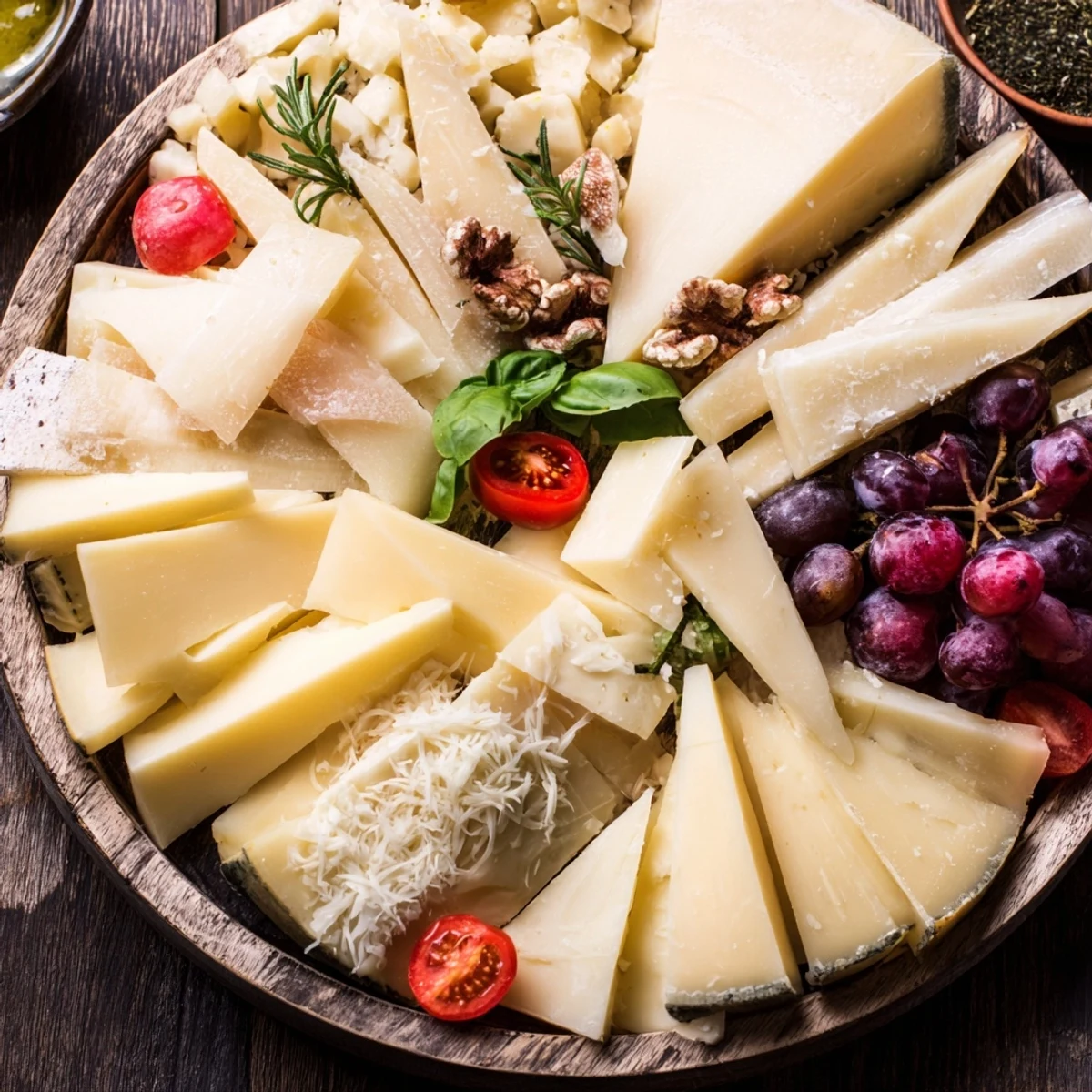 A visually rich, sculptural cheese landscape: admire the towering cheese peaks and valley fruits.