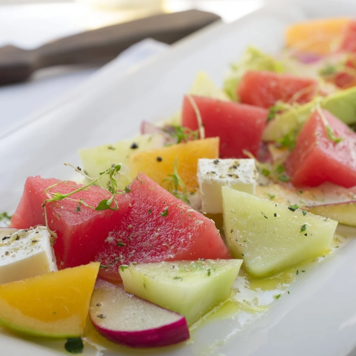 Vibrant The Cubist Deconstruction appetizer, colorful geometric shapes arranged on a platter, ready to serve.