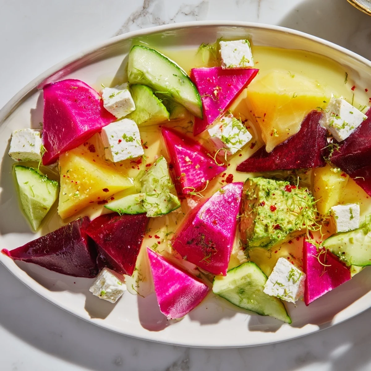 A visually stunning The Cubist Deconstruction: artistic fruit, veggie, and feta mosaic, drizzled with olive oil.