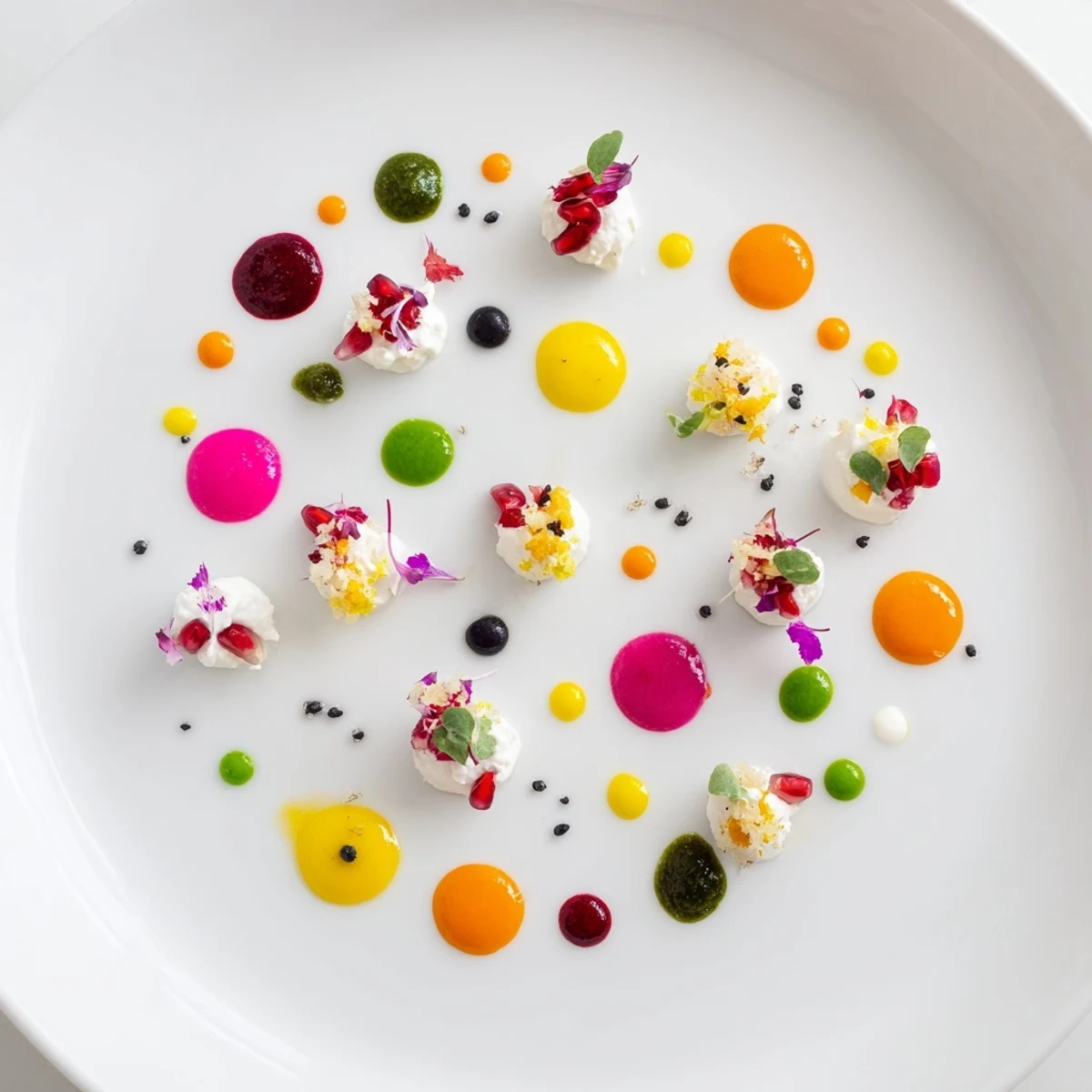 Vibrant The Pointillism Dot Matrix appetizer with colorful vegetable purees and delicate garnishes.